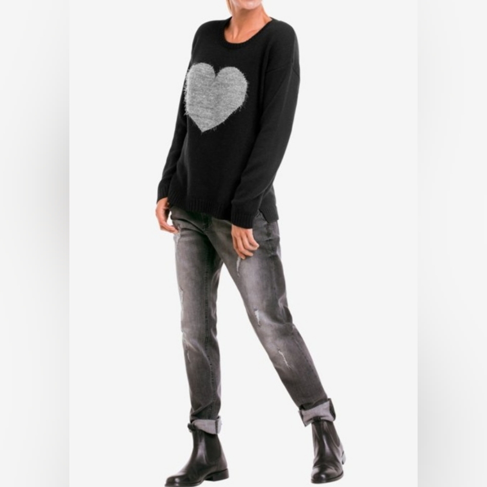 2X ELLOS Black Cotton Wool Blend Soft Sweater with Metallic Fuzzy Heart
